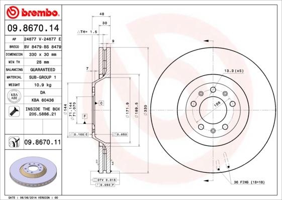 Brembo 09.8670.11 - Тормозной диск autospares.lv