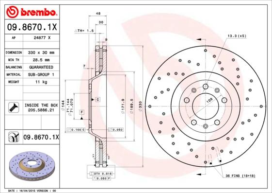 Brembo 09.8670.1X - Тормозной диск autospares.lv