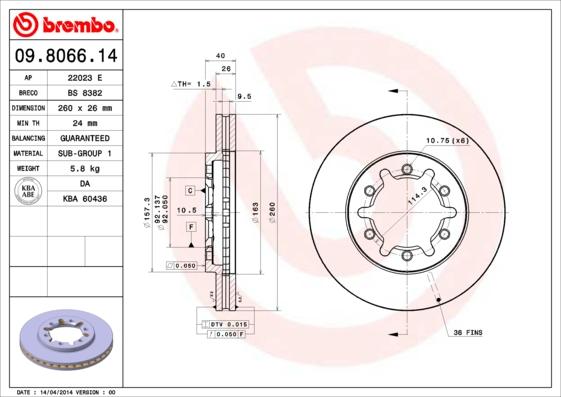 Brembo 09.8066.14 - Тормозной диск autospares.lv