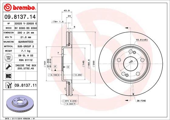 Brembo 09.8137.11 - Тормозной диск autospares.lv