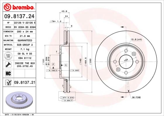 Brembo 09.8137.24 - Тормозной диск autospares.lv