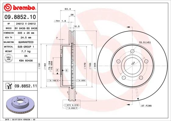 Brembo 09.8852.11 - Тормозной диск autospares.lv