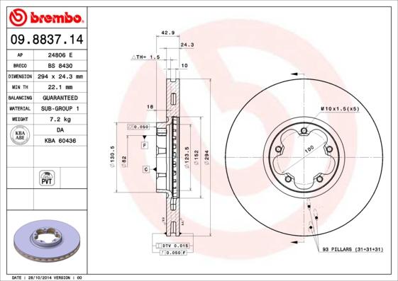 Brembo 09.8837.14 - Тормозной диск autospares.lv