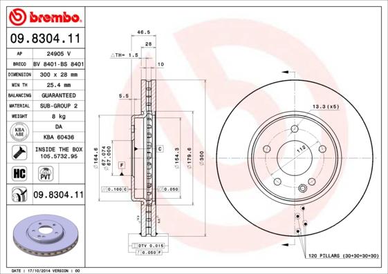 Brembo 09.8304.11 - Тормозной диск autospares.lv
