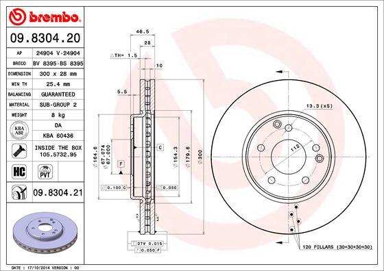 Brembo 09.8304.21 - Тормозной диск autospares.lv