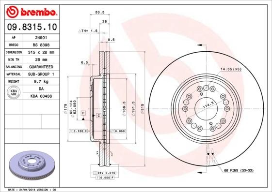 Brembo 09.8315.10 - Тормозной диск autospares.lv
