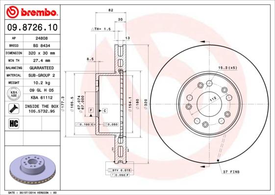 Brembo 09.8726.10 - Тормозной диск autospares.lv