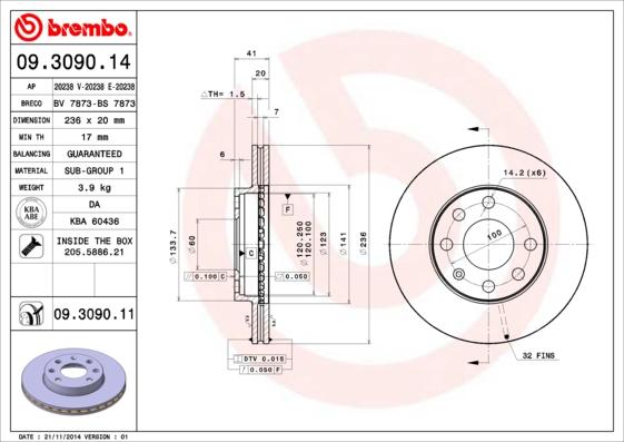 Brembo 09.3090.14 - Тормозной диск autospares.lv