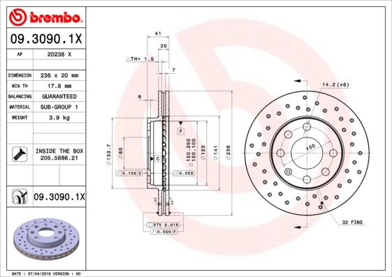 Brembo 09.3090.1X - Тормозной диск autospares.lv