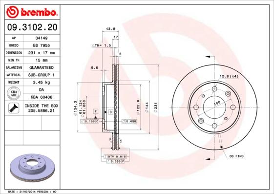 Brembo 09.3102.20 - Тормозной диск autospares.lv