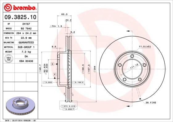 Brembo 09.3825.10 - Тормозной диск autospares.lv