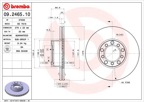 Brembo 09.2465.10 - Тормозной диск autospares.lv