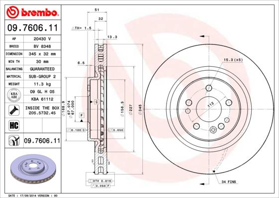 Brembo 09.7606.11 - Тормозной диск autospares.lv