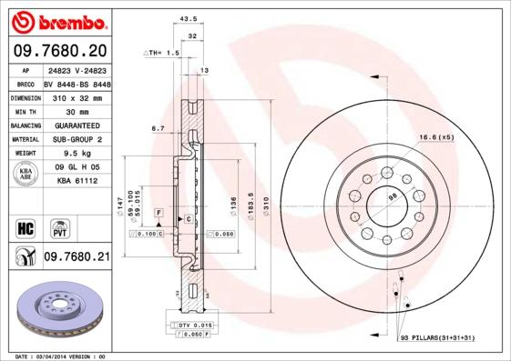 Brembo 09.7680.20 - Тормозной диск autospares.lv