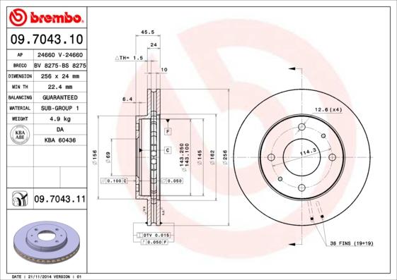 Brembo 09.7043.11 - Тормозной диск autospares.lv