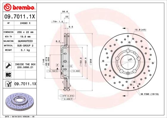 Brembo 09.7011.1X - Тормозной диск autospares.lv