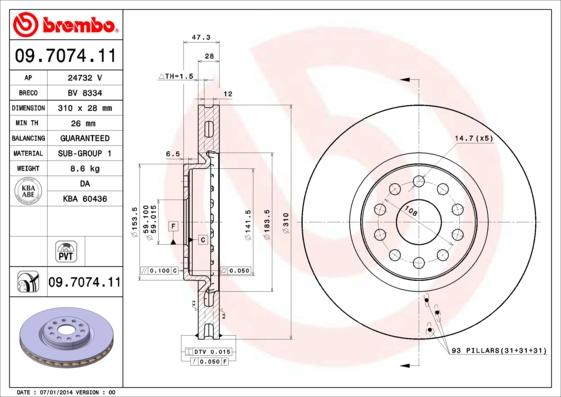 Brembo 09.7074.11 - Тормозной диск autospares.lv