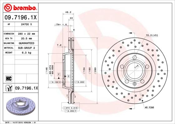 Brembo 09.7196.1X - Тормозной диск autospares.lv