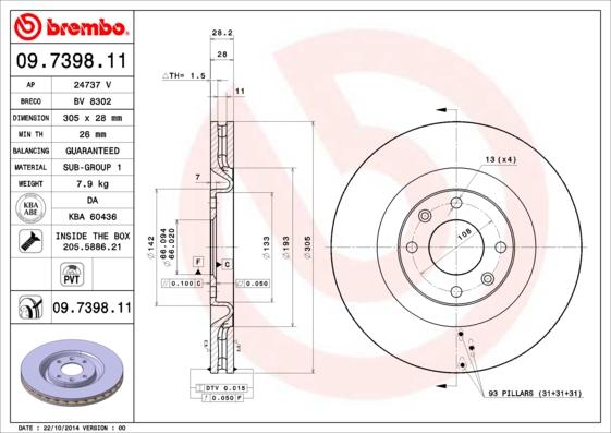 Brembo 09.7398.11 - Тормозной диск autospares.lv