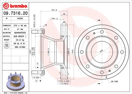 Brembo 09.7316.20 - Тормозной диск autospares.lv