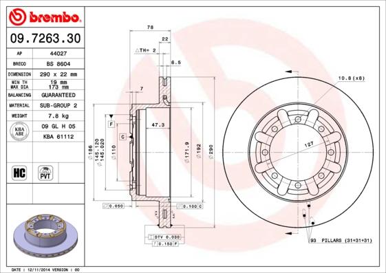 Brembo 09.7263.30 - Тормозной диск autospares.lv