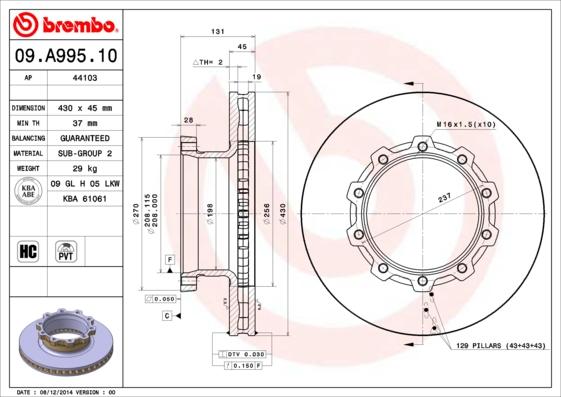 Brembo 09.A995.10 - Тормозной диск autospares.lv
