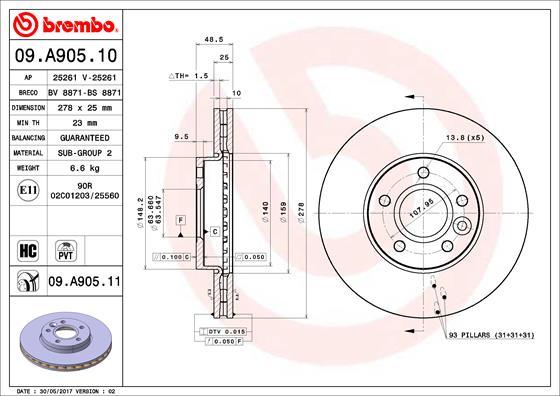 Brembo 09.A905.10 - Тормозной диск autospares.lv