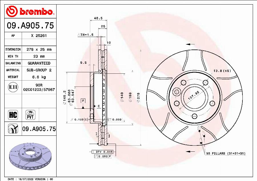 Brembo 09.A905.75 - Тормозной диск autospares.lv