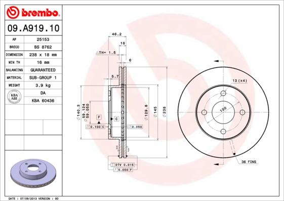 Brembo 09.A919.10 - Тормозной диск autospares.lv