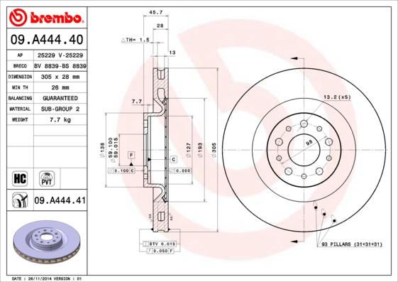 Brembo 09.A444.40 - Тормозной диск autospares.lv