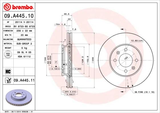 Brembo 09.A445.10 - Тормозной диск autospares.lv