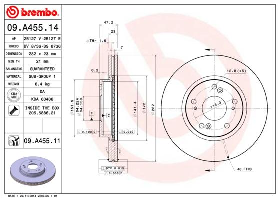 Brembo 09.A455.11 - Тормозной диск autospares.lv