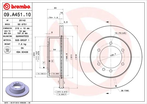 Brembo 09.A451.10 - Тормозной диск autospares.lv