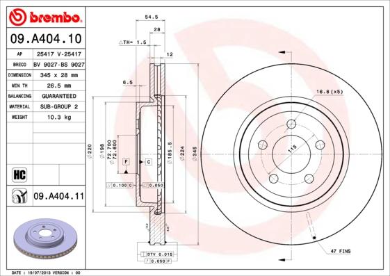 Brembo 09.A404.10 - Тормозной диск autospares.lv