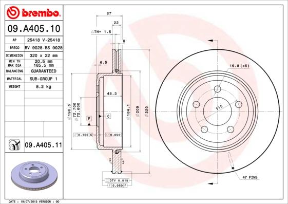 Brembo 09.A405.11 - Тормозной диск autospares.lv