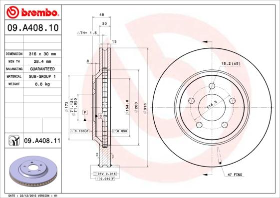 Brembo 09.A408.11 - Тормозной диск autospares.lv
