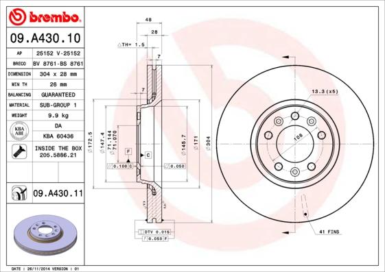 Brembo 09.A430.10 - Тормозной диск autospares.lv