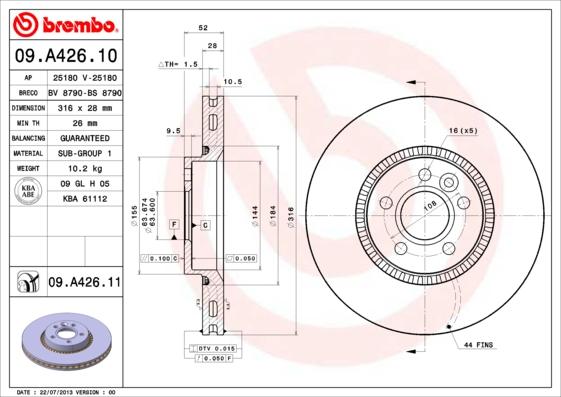 Brembo 09.A426.11 - Тормозной диск autospares.lv