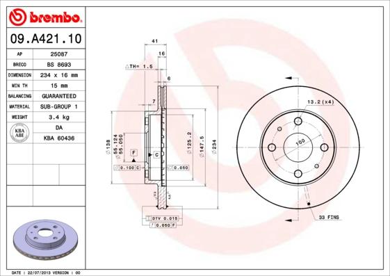 Brembo 09.A421.10 - Тормозной диск autospares.lv