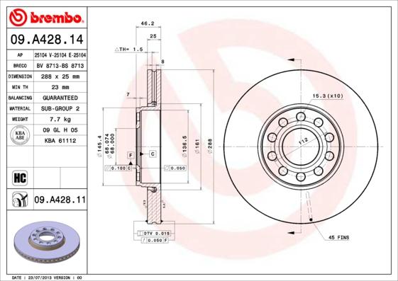 Brembo 09.A428.11 - Тормозной диск autospares.lv