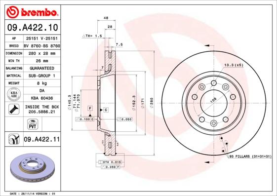 Brembo 09.A422.10 - Тормозной диск autospares.lv