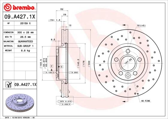 Brembo 09.A427.1X - Тормозной диск autospares.lv