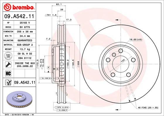 Brembo 09.A542.11 - Тормозной диск autospares.lv