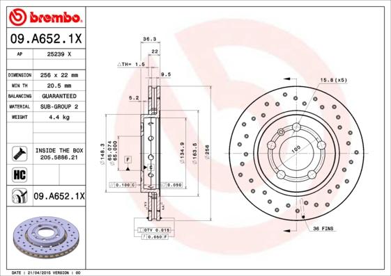 Brembo 09.A652.1X - Тормозной диск autospares.lv