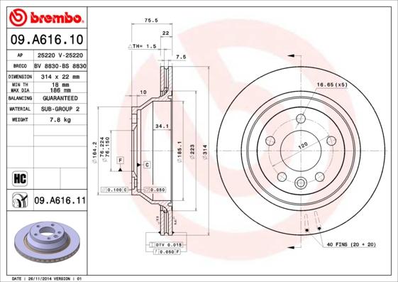 Brembo 09.A616.11 - Тормозной диск autospares.lv