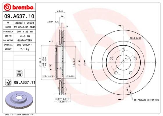 Brembo 09.A637.10 - Тормозной диск autospares.lv