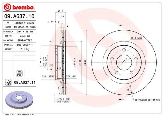 Brembo 09.A637.11 - Тормозной диск autospares.lv