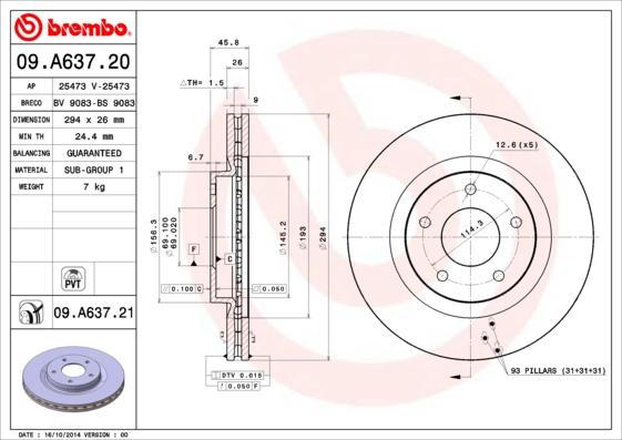 Brembo 09.A637.20 - Тормозной диск autospares.lv