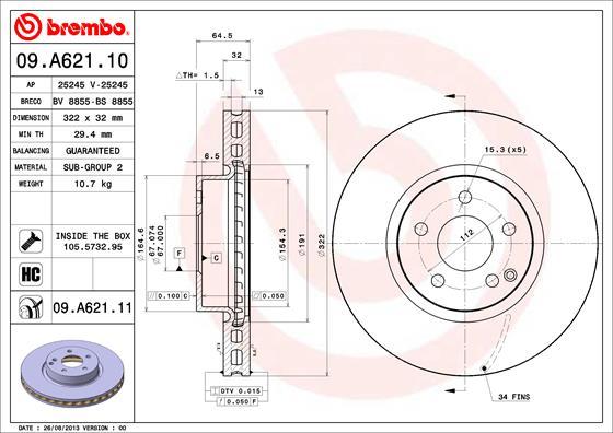 Brembo 09.A621.10 - Тормозной диск autospares.lv