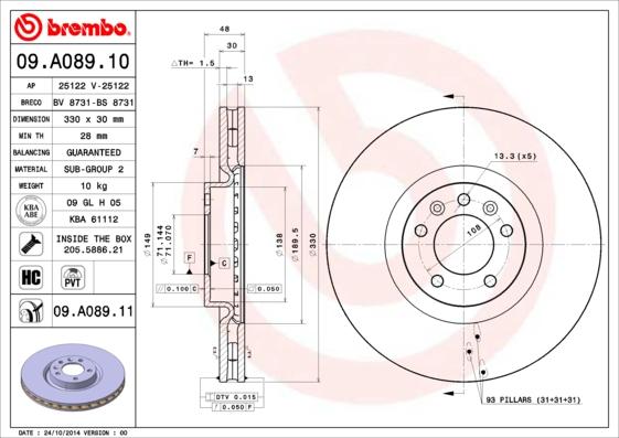 Brembo 09.A089.10 - Тормозной диск autospares.lv